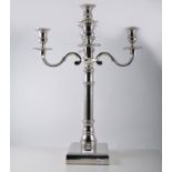 Pair of nickel plated candelabra, square bases with circular column, four arm and central sconce,