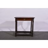 Joined oak side table, 17th Century and later, rectangular boarded top, frieze drawer,