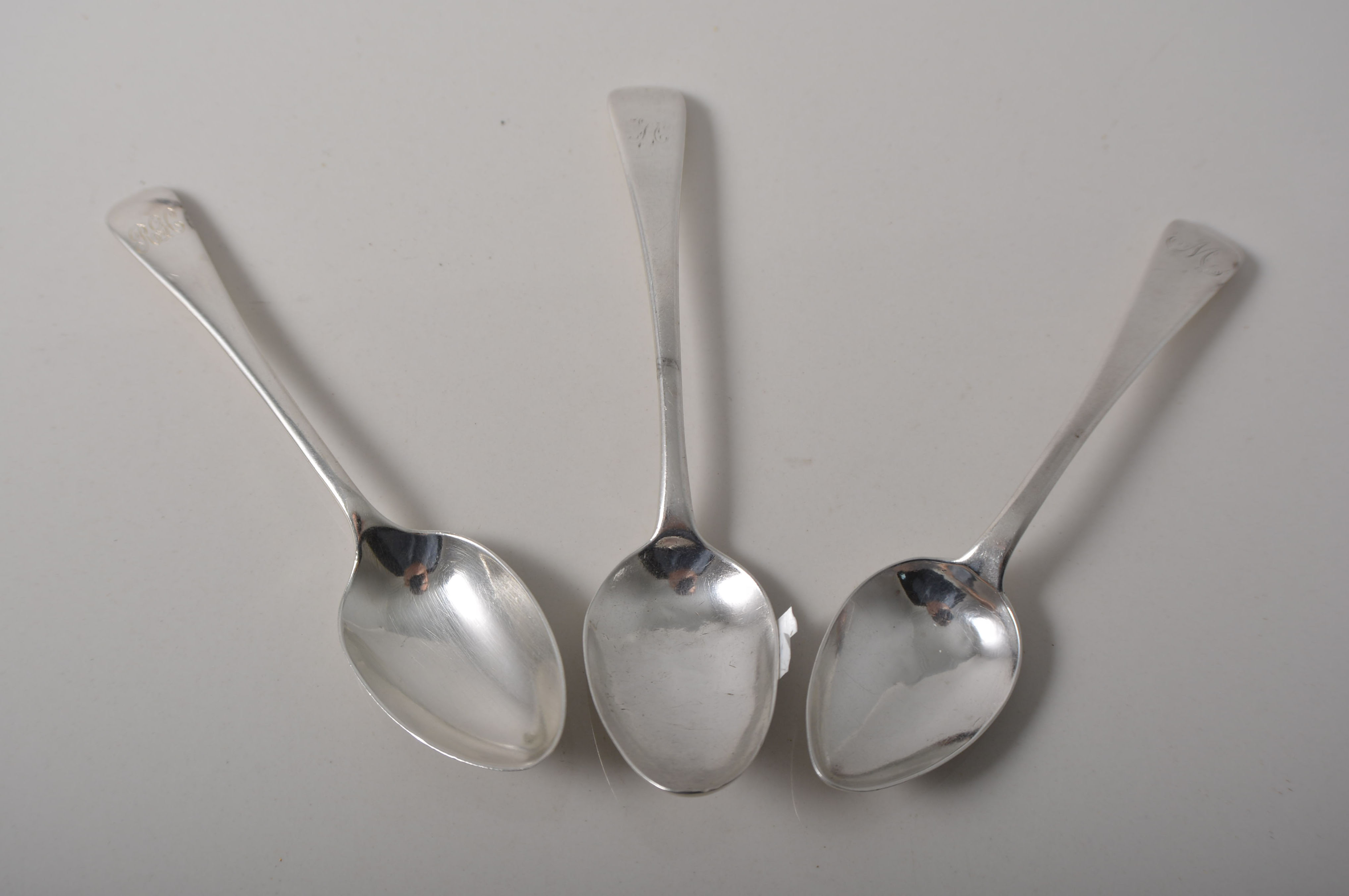 Set of six silver teaspoons, Old English pattern handles with engraved initials,