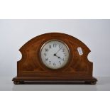 Edwardian inlaid mahogany mantel clock, domed case, three and half inch enamel dial,