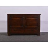 Joined oak mule chest, 19th Century, two panelled hinged lid in front above a long drawer,