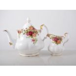 Royal Albert Old Country Roses pattern tea set, comprising teapot, six cups, five saucers,