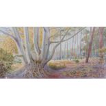 Leeson Rowbotham, Woodland landscape, Autumn, signed watercolour, 22cm x 45cm.