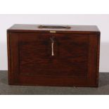 Oak engineers tool box, rectangular form, fall front enclosing drawers, width 52cm, depth 22cm,