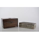 Victorian oak cutlery tray, 35cms, a mahogany jewellery box, a stained wood caddy and a metal box,