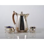 Silver plated cruets, flat ware and hot water jug, basket, three pewter tankards.