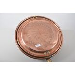 Victorian copper warming pan, turned ebonised handle, 96cm, a large copper basin,