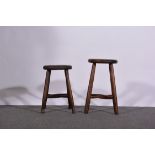 Elm seated stool, circular top, turned legs, diameter 30cms, height 52cms and another similar,