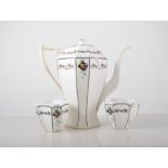 Shelley china part tea set, Queen Anne shape, fruit and vine design, comprising teapot, five cups,