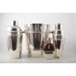 Silver plated wine cooler, height 21cm, two cocktail shakers, three coasters and hip flask.