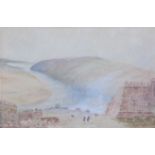 J.B.Pryde, Estuary scene with Garrison, watercolour, 12cm x 17cm, signed and dated '46.