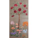 Embroidered picture, rose bush and flowers, worked in silks, 88cm x 43cm.