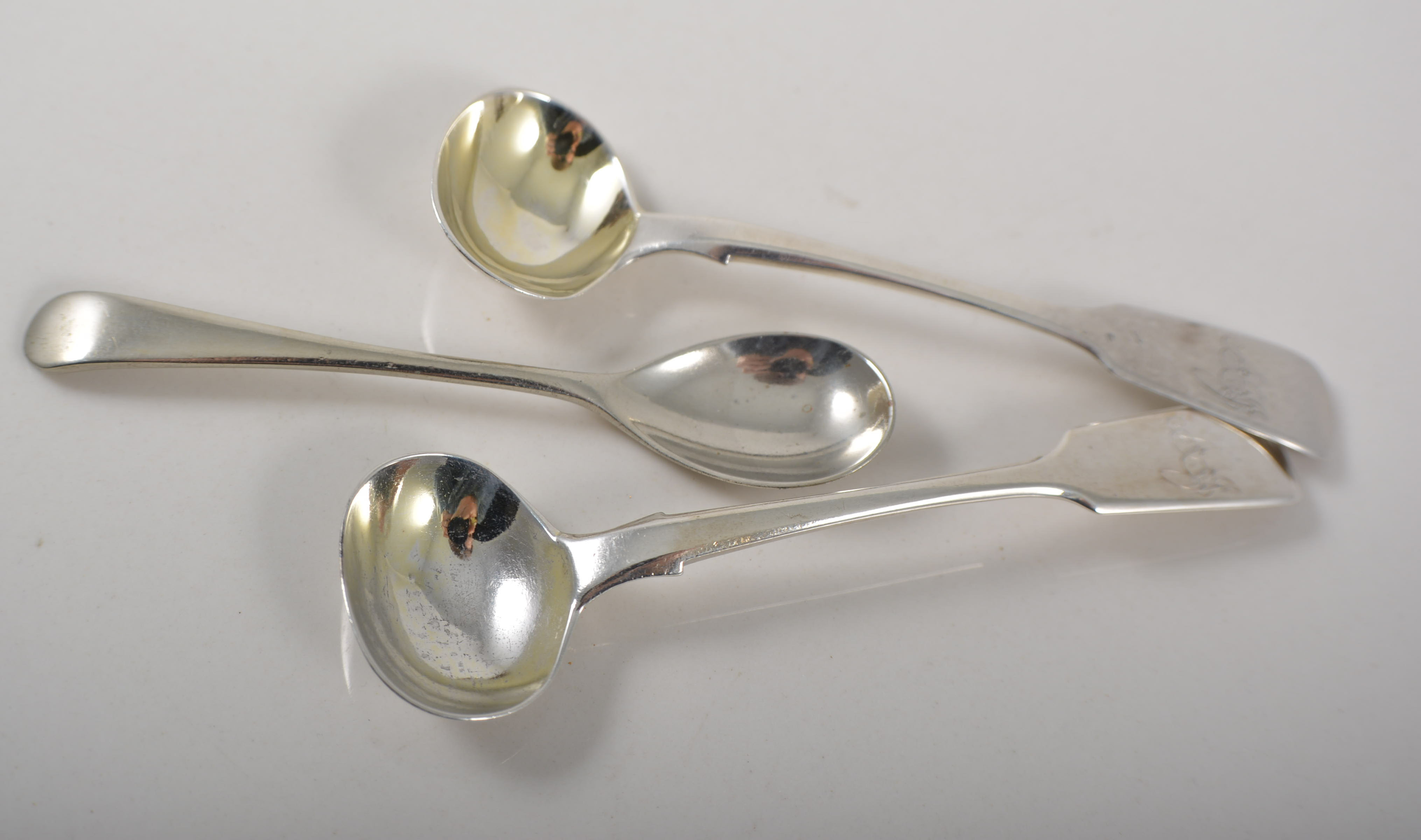 Pair of silver mustard spoons, Fiddle pattern handles with engraved initials, John and Henry Lias,