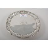 Small silver card tray, moulded and beaded border, on three hoof feet, maker's mark worn,