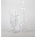 Cut glass decanter, with a tall narrow neck, another glass decanter, a cut glass pedestal vase,