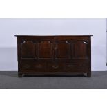 Joined oak cupboard, converted from a mule chest, panelled doors and drawers to the front,