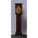 Mahogany longcase clock, moulded cornice, the hood with three quarter turned columns, long door,