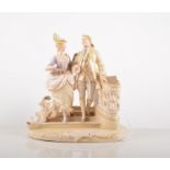 A German creamy-porcelain spill vase group, modelled as a lady and gentleman descending a staircase,