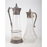 Edwardian glass claret jug, silver plated mounts, height 33cm, glass damaged,