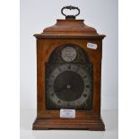 Small walnut mantel clock, Georgian style, 5" arched brass dial with cast spandrels,