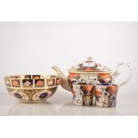 Royal Crown Derby Imari pattern bowl, diameter 19cm, a Derby Imari pattern tea pot, damaged,