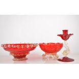 Italian moulded ruby glass bowl, crimped rim with aventurine flex, diameter 23cm,