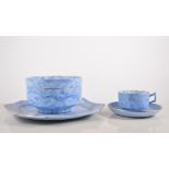 Pottery part tea set, blue marbled decoration, comprising bowl, six cups, twelve saucers,