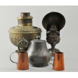 Pair of copper tapering jugs, lamp base, warming pan, copper planter, silver plated trophy cups,