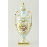 Coalport amphora shaped covered vase, painted with fowl and flowers, signed Malcolm Harnett,