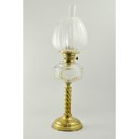 Victorian brass oil lamp, acid etched and moulded shade, clear facet cut reservoir,