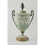 Wedgwood green Jasperware lamp base, urn shape form, gilt brass mounts, some damage,