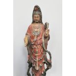 19th Century carved wood figure, "Kwan-Yin" carved with traditional robes,bottle and fly whisk,