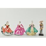 Small Royal Doulton figure, The Jester HN3335, 11cm and three other Doulton figures, Nanette HN3248,