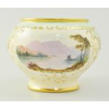 Coalport cream and green ground bowl, Highland Loch vignettes, painted by Malcolm Harnett, 9cm.