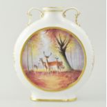 Coalport moon flask, reserves painted with deer in a woodland landscape, by Malcolm Harnett, 24cm.