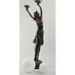 Art Deco style table lamp, designed as a female dancer, two opaque glass shades, height 90cms.
