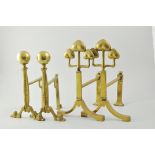 Pair of Art Nouveau brass andirons, splayed legs,