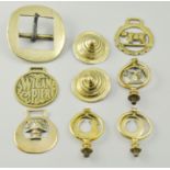Large brass buckle, 12cm, horse brasses, weights, oval tray and metalware.
This lot is being sold to