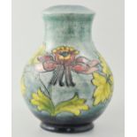 Moorcroft baluster shaped lamp base, Honeysuckle pattern on shaded blue ground, 27cm.