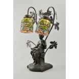 Modern bronzed table lamp, designed with a girl reading a book under a tree, Tiffany style shade,