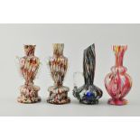 Coloured glass vases, (4), moulded dish and five glass shots, (10).