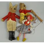 Painted wooden Pelham puppet, (no box), composition dolls and a child's push-along horse,