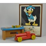 Various wooden toys, building blocks, pull-along trains,