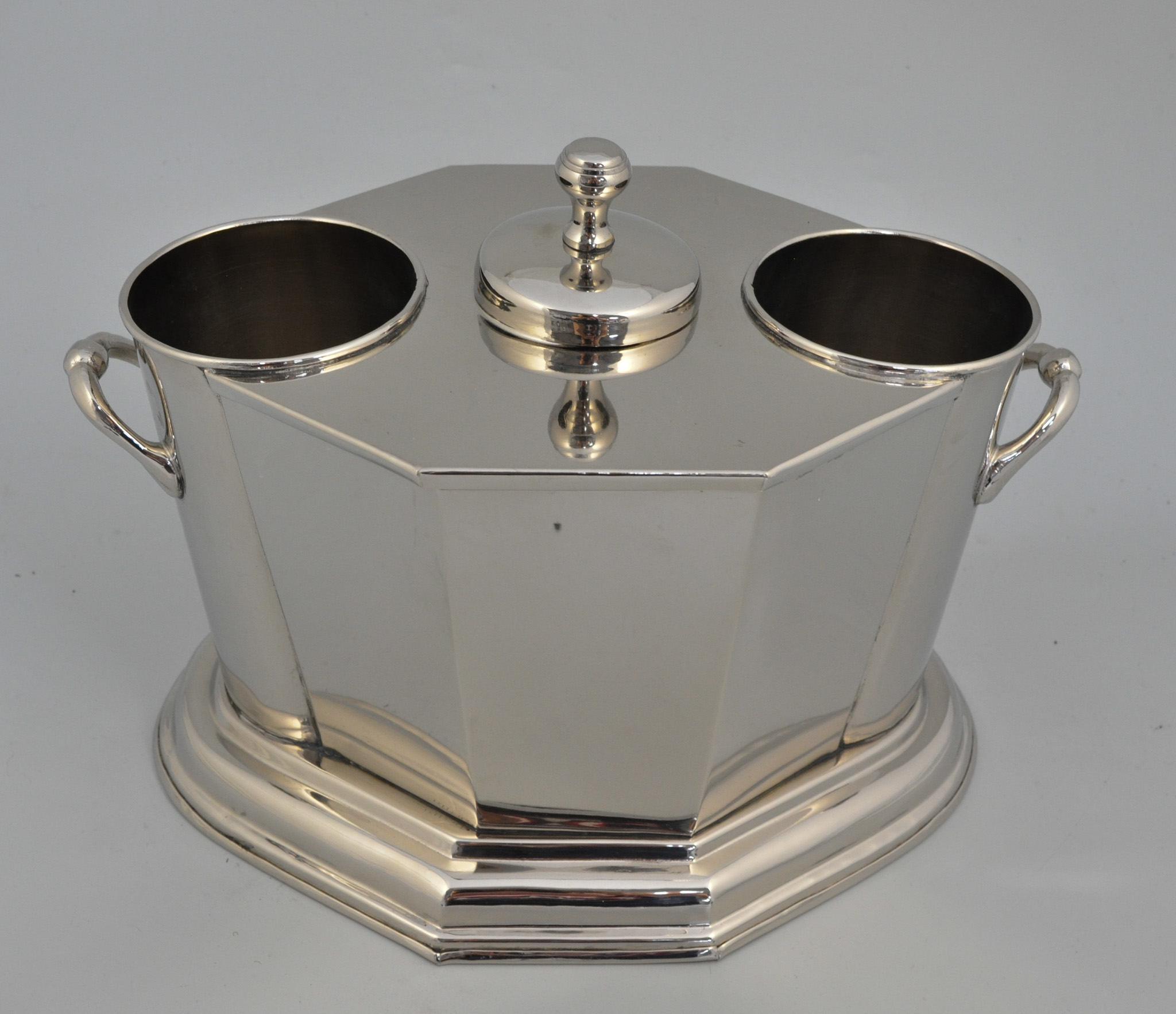 Nickel plated two bottle wine cooler, with handles, length 34cm.