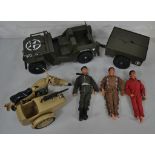 1970's Action Man, including three Palitoy figures, clothing accessories, Jeep and Trailer,