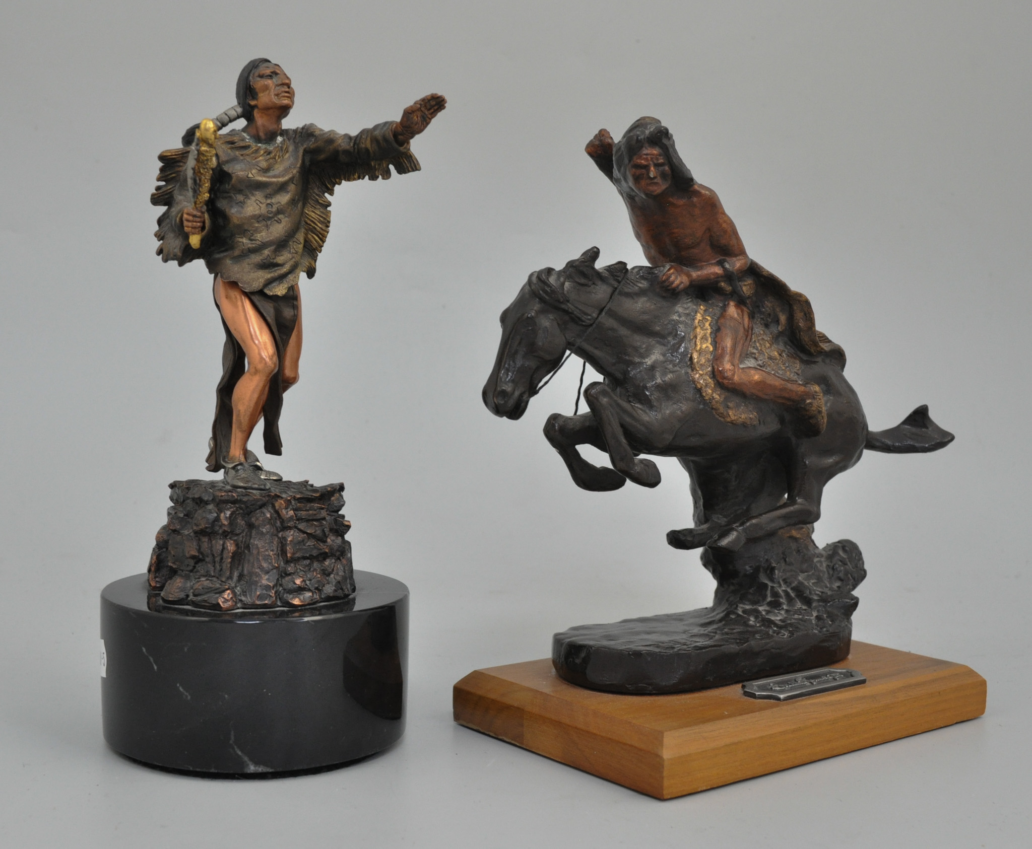 After F Remington, mixed coloured bronzed figure, "Cheyenne" on wooden plinth, height 21cm,
