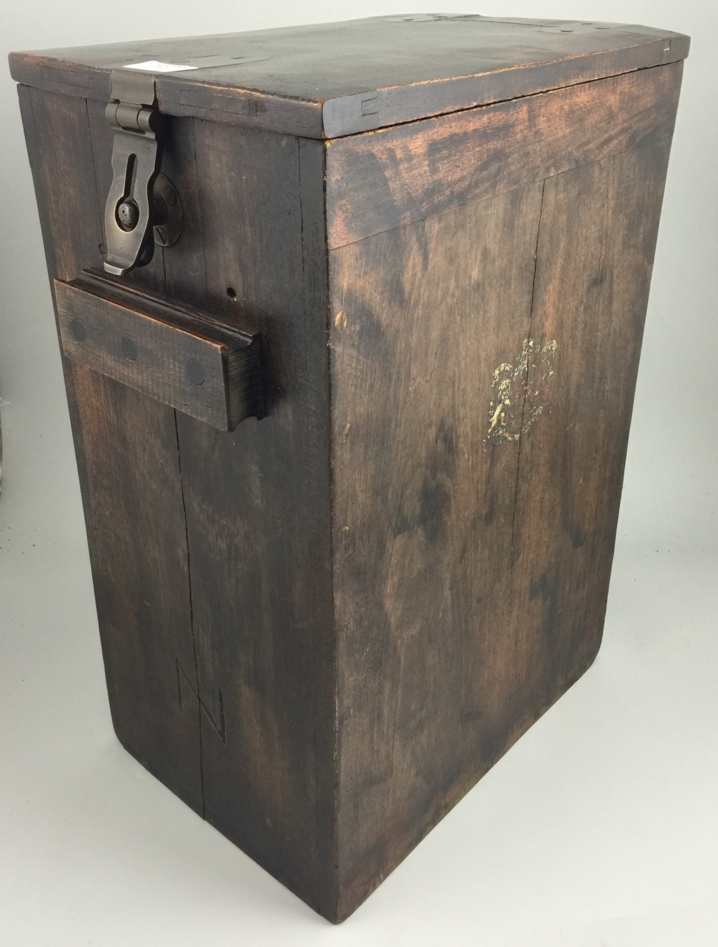 Mahogany munitions box with painted cask (possibly naval), width 26cm, depth 40cm, height 54cm.