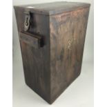 Mahogany munitions box with painted cask (possibly naval), width 26cm, depth 40cm, height 54cm.