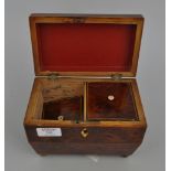 Victorian yew wood tea caddy, two compartment interior, brass ball feet, width 19cm, (a.f.
