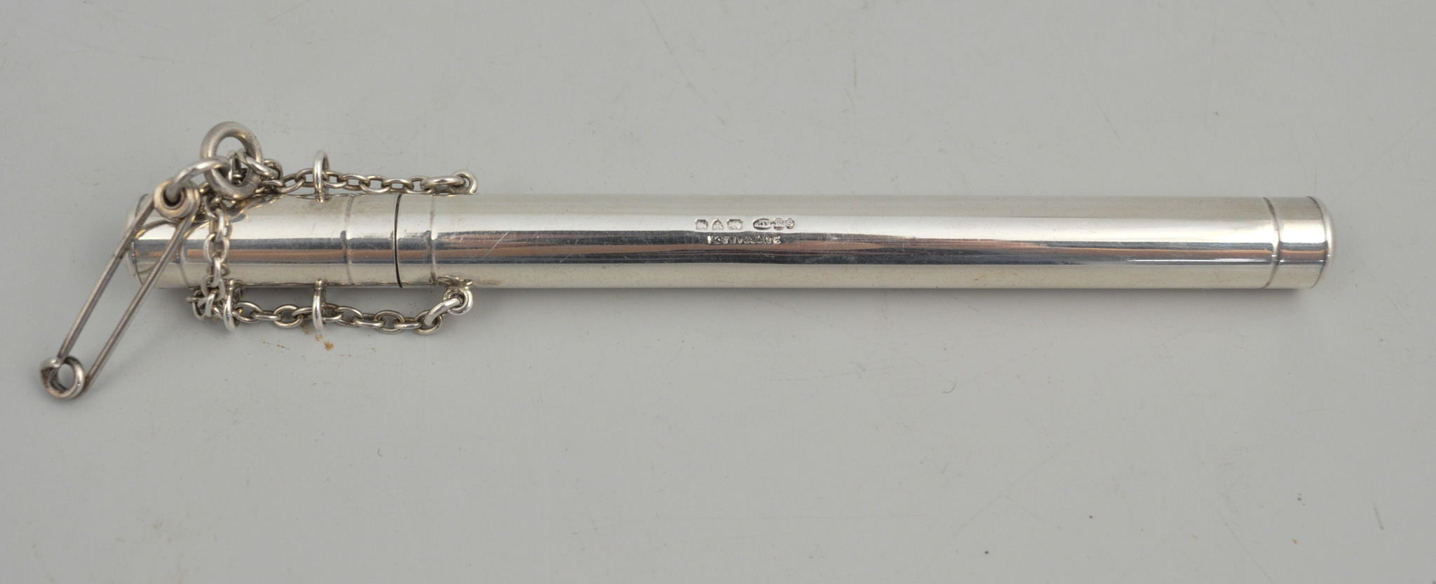 Silver thermometer case, by Samson Morden, Chester, probably 1906, length 15cm, with chain mount.